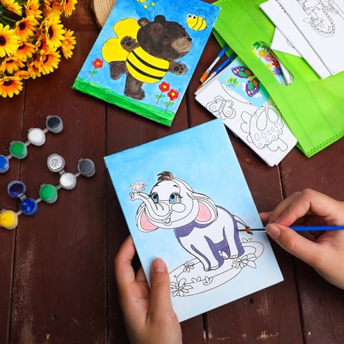 Tenceur 48 Pcs Kids Paint Party Favors Sets with 12 Pcs Animals Oceans Pre Drawn Canvas Panel and Wooden Easel Set Paint Pots and Brushes 12 Mini Apron and Tote Bag for Kids Girls Student Boys - style: Fresh