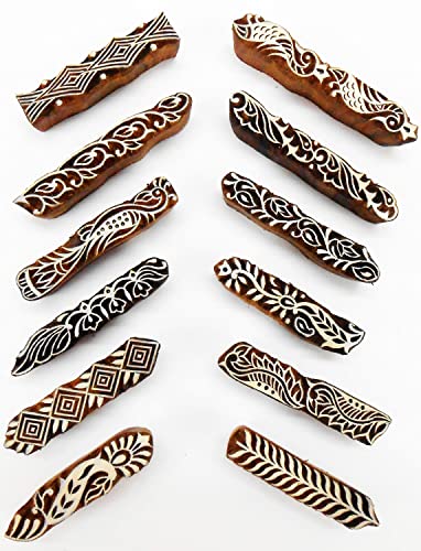 CraftsofIndia® Exotic Elegant Border Pattern Print 100% Handcarved Wooden Block Stamps (Set of 12 | - size: 12 Pcs