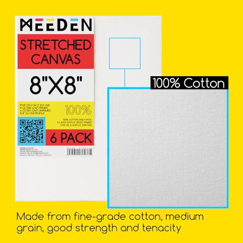 MEEDEN Stretched Canvas, 8 × 8 Inch, Pack of 6, Blank White Canvases for Painting, 100% Cotton, 8 oz Gesso-Primed, Pre-Stretched Canvas for Acrylic Oil Pouring & Airbrushing Painting - size: 8''x8''- 6 Pack