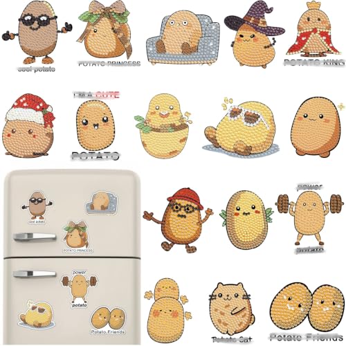 16 Pcs Potato Diamond Painting Magnets Kits Diamond Art Fridge Magnet Refrigerator Sticker Diamond Painting kit for Beginners Adults DIY Art Craft Gifts Home Decors - color: Potato