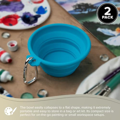 Silver Brush Limited Silver Essentials Paintbrush Water Bowl, 250ml/8.5oz | 2 Pack, Watercolor, Watermedia, Round, Reusable Artist Water Cup, Collapsible, With Carabiner Clip, Leak-proof, Silicone - size: 250ml