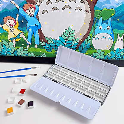 FCLUB Empty Watercolor Palette Paint Tin with 21Pcs Watercolor Full Pans | Medium Metal Watercolor Palette, Empty 3ML Full Pans, Folding Paint Tray with Lid, Paint Refills, Color Mixing, Art Painting - style: Tin Box with 21 Full Pans