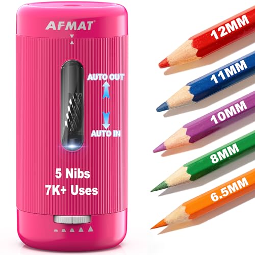 AFMAT Electric Pencil Sharpener, Auto in & Out, 5 Nibs, 7K+ Uses, Fully Automatic Classroom Pencil Sharpener, Rechargeable Hands-Free Sharpeners for Jumbo/Colored Pencils (φ6.5-12mm) PSC3(Rose Red) - color: Rose Red