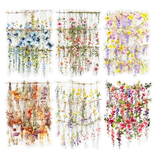 60 Pcs Floral PET Stickers for Scrapbook Journaling | Hanging Flowers and Botanical Vines for Junk Journals and Collage Crafts - color: Bloom Time