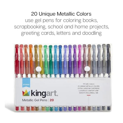 KINGART 400-20 Comfort Grip Gel Pens, Set of 20 Unique Metallic Colors - color: Metallic