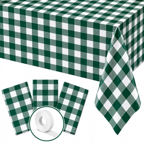 Blue Orchards Green Gingham Table Cover (Pack of 3 with 20 glue dot) - 54"x108" XL - Green and White Checkered Picnic Plaid Cloth, Plastic Rectangle Decoration for BBQ, Outdoor Birthday Party Supplies - color: Green Gingham (Pack of 3)