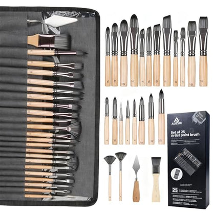 Acrylic Paint Brush Set, 25pcs Professional Artist Series (Wood Color) with Wide Flat, Filbert, Fan, Dagger, Cat Tongue, Round, Angle, Rigger for Oil/Acrylic Painting, Premium Packaging - color: Wood Color
