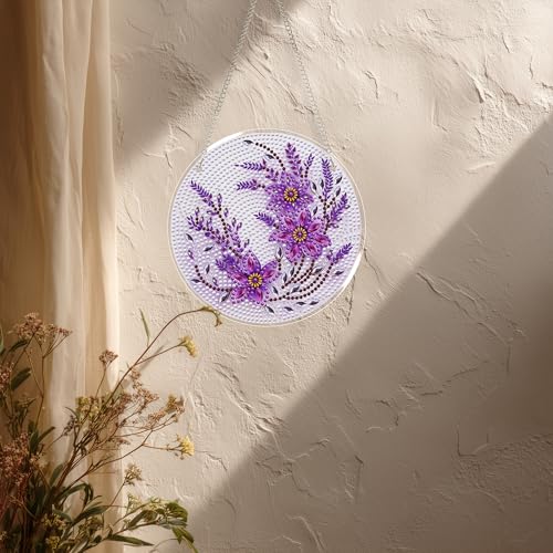 Eiflow Glass Diamond Art Hanging Kit for Adults, DIY Diamonds Painting Door Hanging Board Kit, Special Crystal Diamond Art Painting Pendant Ornament (Purple Flower) - color: Purple Flower