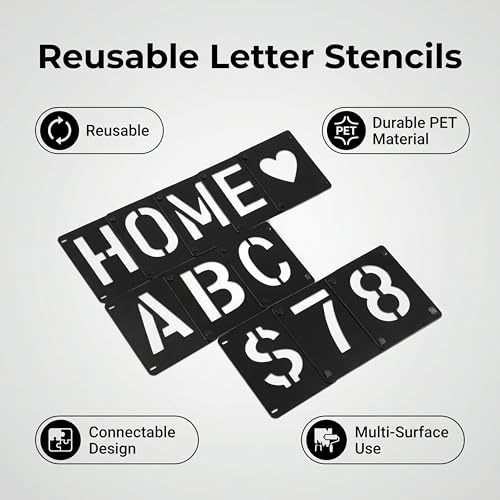 2 Inch Reusable Letter Stencils Symbol Numbers Craft Stencils, Black | 64 Pcs Interlocking Stencil Kit, For Painting on Wood, Wall, Fabric, Rock, Chalkboard, Sign, DIY Art Projects - color: black
