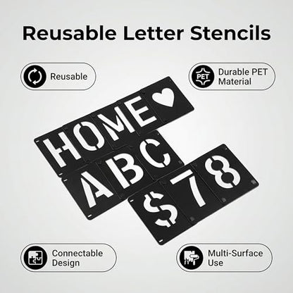 2 Inch Reusable Letter Stencils Symbol Numbers Craft Stencils, Black | 64 Pcs Interlocking Stencil Kit, For Painting on Wood, Wall, Fabric, Rock, Chalkboard, Sign, DIY Art Projects - color: black