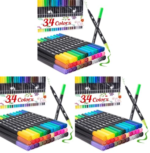 Reaeon Coloring Markers Pen, Dual Brush Tip Marker for Adult Coloring, 34 Color Calligraphy Brush Fine Tip Pen for Beginner Journal Planner, Drawing, Doodle (Pack of 3) - size: 34 Count (Pack of 3)