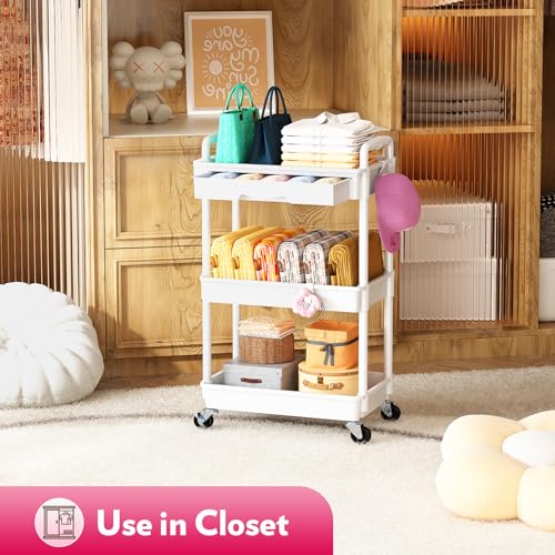 SUNALLY Makeup Cart Organizer with Drawer,3 Tier Rolling Makeup Cart, White - color: White, size: 3 Tier