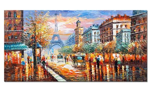 Alenoss Modern Oil Paintings Paris Eiffel Tower Landscape Wall Art 48x24 Inches - color: AL-B94