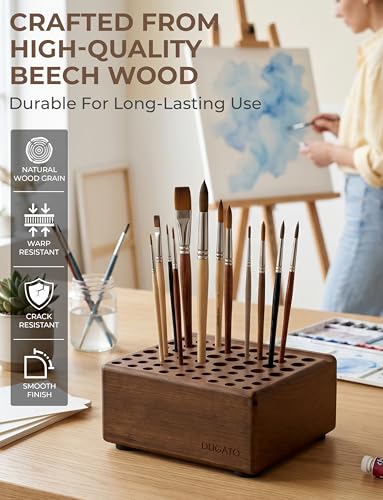 DUGATO Wooden Brush Holder, 59 Hole Desk Organizer with Rest Groove