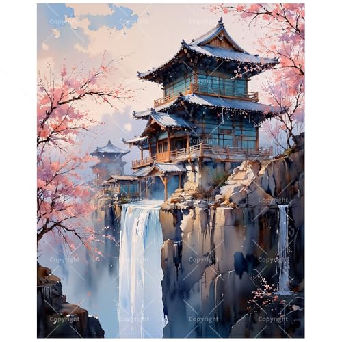 Chinese Landscape Paint by Numbers Kit for Adults - DIY Cherry Blossom Temple by Waterfall Painting on Canvas 12x16In, Framed Acrylic Paint Set, Suitable for Beginners, Art for Home Decoration - color: FM05436, size: 12×16in Framed