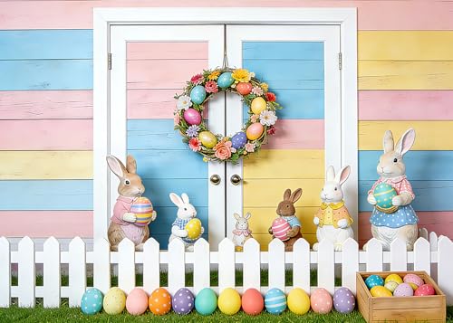 7x5FT Easter Backdrop Colorful Wooden Walls with Bunny Egg Garland White Fence Background for Spring Themed Baby Birthday Shower Party Decor Vinyl - color: white fence