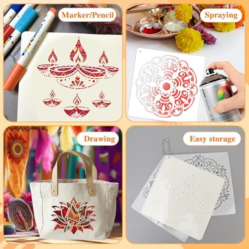 Konsait 16 PCS Diwali Rangoli Stencils for Painting on Wood, Reusable Mandala Stencils Templates Diyas Marigold Flower Rangoli Stencil for Diwali Crafts Decorations for Home