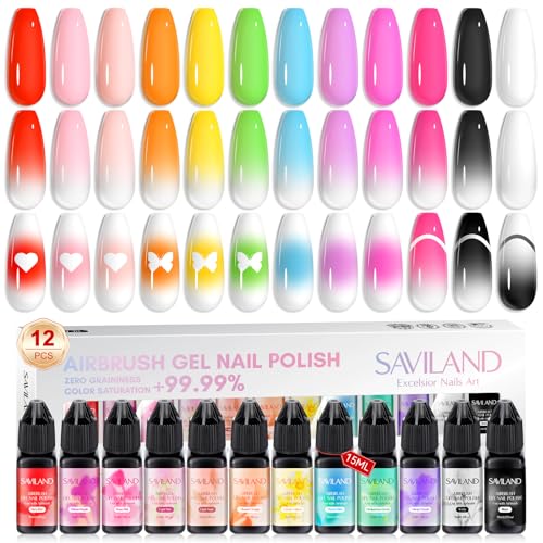SAVILAND Dilution-Free Airbrush Gel Nail Polish Hema-Free 12 Colors | Non-Acetone Airbrush for Nails, Airbrush Paint with Fine Mist, for French & Ombre Nail Art Design Salon - color: Basis Color