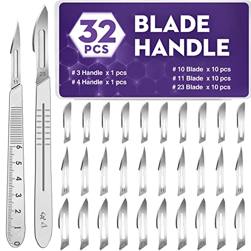 32PCS 30 Scalpel Blades with #10#11#23 Scalpels Surgical Sterile Blades Including Two Handle,Laboratory Blade-Lab Knives- Carving Blades with Handle-Art Blades Practicing Cutting-Crafts & More - color: 32 PCS Handle And Blades