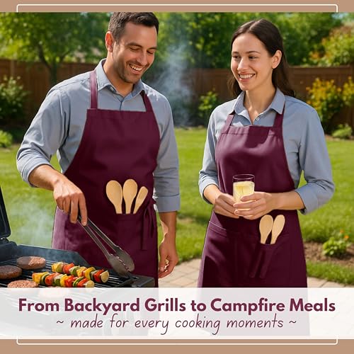 Native Fab Kitchen Apron 2 Pack - 100% Cotton Adjustable, Durable Apron with Pockets, Perfect for Cooking, Baking, Grilling - color: Burgundy Wine