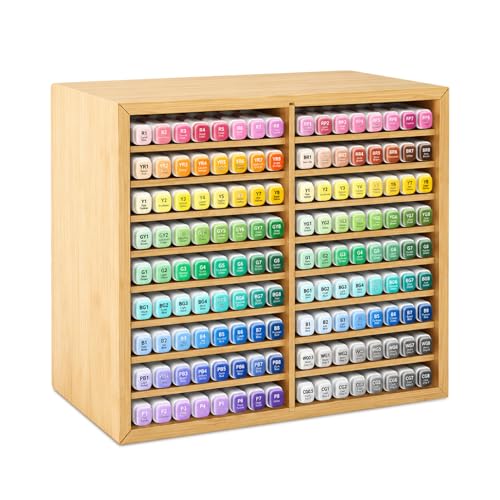 Wooden Marker Organizer for Desk, Hold 144 Markers with 9 Compartments | Art Supply Storage Holder for Alcohol Markers, Pens, Pencils, Home Classroom Office Decor