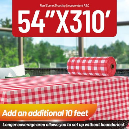 Plastic Table Cloth, 310 Ft X 54 In Plastic Table Cover Gingham Tablecloth | Red and White Checkered Tablecloth Roll with Cutter PEVA Plastic Table Cloth Disposable for Backyard BBQ, Gathering, Buffet - color: Red Checkered, size: 3720" x 54" (Rectangular