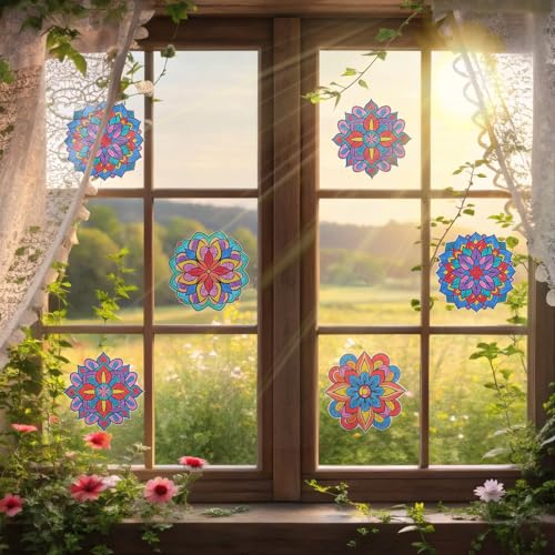 Potchen Mandala Art Kit DIY Window Clings with Markers, 48 Pcs, Floral - style: Floral
