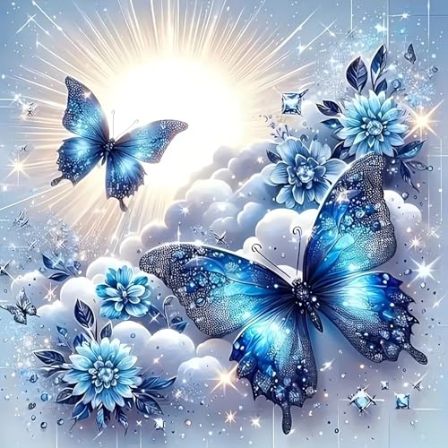 Butterfly Diamond Art Kits for Adults, Blue Flowers Diamond Painting Kits - color: CM025