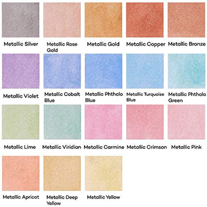 Mont Marte Premium Metallic Watercolor Cake Set, 21 Piece, 18 Colors, 1 Water Brush, 1 Sponge, 4 Mixing Wells - color: basic