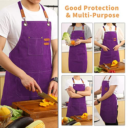 Tosewever Canvas Cross Back Chef Cotton Aprons for Men Women with Large Pockets - color: Purple