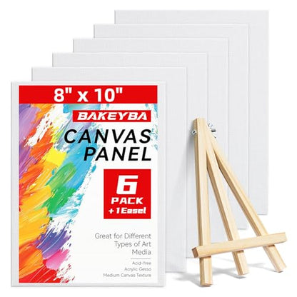 Canvas for Painting with Mini Easel, 6 Pack 8x10 Canvas Board with 1 Wood Easel Blank Cotton Primed for Kids & Beginners for Acrylic, Oil, Watercolor Paint