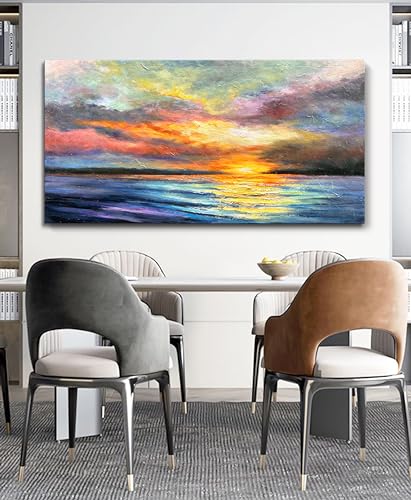 Art Hand-Painted Sea Sunset Landscape Modern Abstract Oil Painting on Canvas Art Hall Bedroom Office Wall Decoration 24x48 Inches - color: Yi044