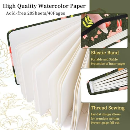 5x5" Watercolor Sketchbook,Mixed Media Pad,Travel Portable Drawing Journal | 140LB/300gsm 20Sheets/40Pages Watercolor Paper,Cloth Fabric Hardcover,Sewing Binding,Lay-Flat.Spring Rabbit - color: 300gsm-Spring Rabbit