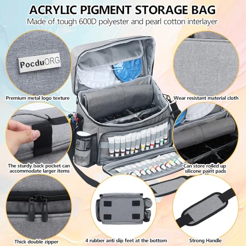 Acrylic Paint and Brush Set Organizer Bag - Carrying Case Compatible with Apple Barrel, Shuttle Art, Caliart Art Supplies - Includes Detachable Paint Brush Holder - for Home/Travel/Outdoor (Pro Gray) - color: Pro Gray
