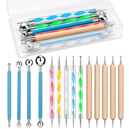 LOKUNN 14 Pcs Dotting Tools Embossing Tool Dotting Tools Set Rock Painting | Mandala Dot Painting Tools Ball Styluses with Box, Ball Tip Clay Tools, Pottery Clay Modeling Embossing Nail Art - size: 14 PCS