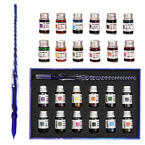 Glass Pen Set Calligraphy Dip Pens,12 Colorful Inks,Caligraphy Sets for Art, Writing, Signature, Decoration, Gift - color: Blue
