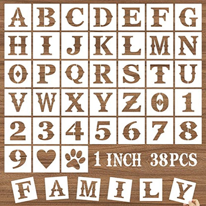 1 Inch Letter Stencils and Numbers, 38 Pcs Alphabet DIY Craft Stencils, Reusable Plastic Drawing Templates for Painting on Wood, Wall, Fabric, Rock, Floor, Signage, Door Porch - size: 1 Inch