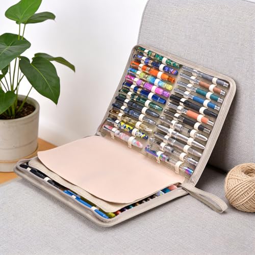 erofa 48 Slots Fountain Pen Case, Beige Water Resistant Canvas Pen Holder Display Pouch Storage Large Capacity Bag - color: Beige-Canvas