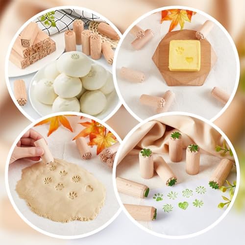 OLYCRAFT 7PCS 2x0.8 Inch Wood Pottery Tools Stamps Polymer Clay Stamp Column Wooden Stamps Round Pottery Stamp with Mixed Patterns for Clay and Ceramic