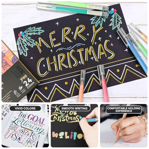 ZSCM 24 Colors 3D Acrylic Gel Pens & Black Paper Sketchbook for Drawing | 1mm Fine Point Acrylic Ink Pen, Opaque Archival Dull Ink Pens for Black Paper Drawing, Sketching, Illustration, Card Making - color: 24 Packs-Bright