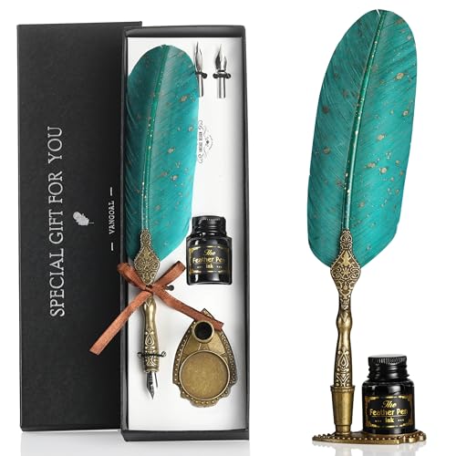 VANGOAL Vintage Green Feather Pen and Ink Set, Classic Series Goose Quill Pen with Carving Pen Stand, Calligraphy Pen Nibs, Black Dip Pen Ink, Antique Writing Gift for Writer - color: Green