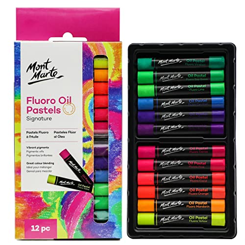 Mont Marte Fluoro Oil Pastels Signature 12pc, 12 Assorted Colors, Vibrant Oil Pastel Set, Great Blending and Layering, Ideal for Art, Craft, Coloring and Sketching - color: Fluoro, size: 12 Count (Pack of 1)