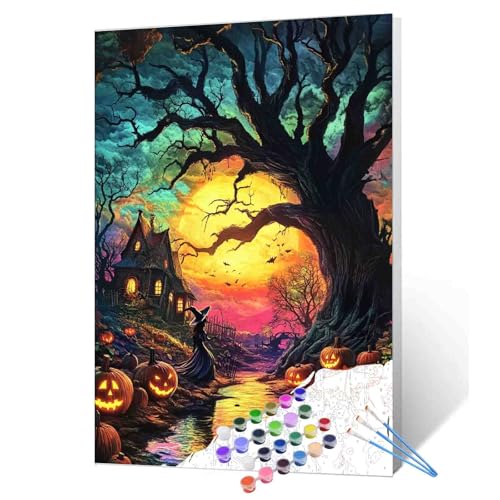 Tucocoo Halloween Spooky Scenery Paint by Number Kit 16 x 20 inch Canvas Full Moon Pumpkins DIY Oil Painting for Adults Beginner with Brushes and Acrylic Pigment-Witch's Night(Without Frame) - color: Pbn Halloween 03, size: 16''x20''(Frameless)