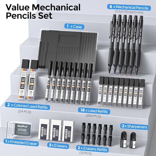Nicpro 6PCS Art Mechanical Pencil Set,HD1000 Mechanical Drawing Pencils - style: 0.5,0.7,0.9,2.0mm(6 Pcs)