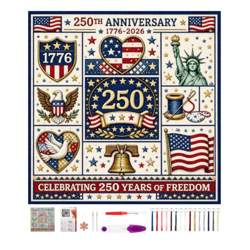 Vintage US Flag Cross Stitch Kit Beginners Embroidery 1776-2026 | USA Patriotic embroidery Kit,7.5×7.5" DIY Cross Stitch Kit, Pre-Printed Fabric, Threads, Needles, Easy for Beginners