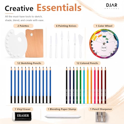DJAR 169-Piece Wooden French Easel Art Painting Kit for Adults | Portable Plein Air Artist Supply Kit with 48 Acrylic, 24 Watercolor & 24 Oil Paints, Gift for Artists, Students & Beginners