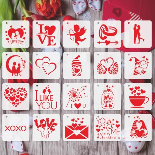 JULMELON 20 Pcs Valentines Day Stencils Reusable Template for Painting Art | PET Plastic, Valentine Stencils for Painting, Valentines Day Crafts Reusable, Wall Floor Rock Art, 3 Inch DIY Projects - style: Valentine's Day Stencils