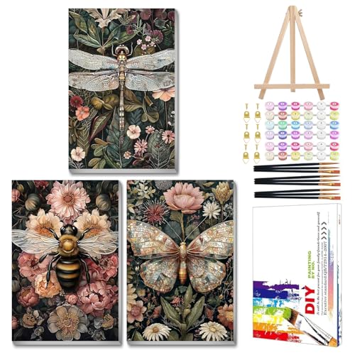 Mandun Insect Paint by Numbers Kit for Adults, 3 Pack, 7.8x11.8 inch | DIY Painting Kits Crafts for Adults, Relieve Stress, Frame Canvas, Wooden Easel, Gift Box, Home Wall Decor - color: 3 Pack Bee Butterfly Dragonfly
