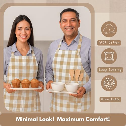 Native Fab Kitchen Apron 2 Pack - 100% Cotton Adjustable, Durable Apron with Pockets, Perfect for Cooking, Baking, Grilling - color: Buffalo, Beige