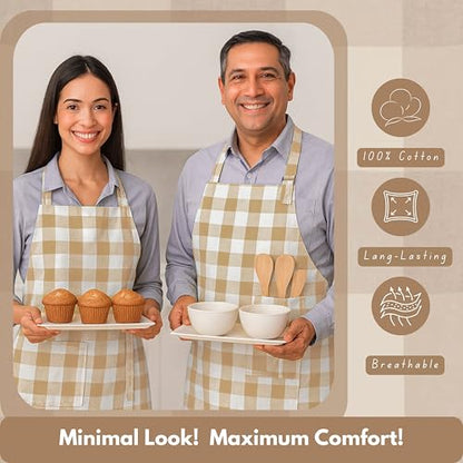 Native Fab Kitchen Apron 2 Pack - 100% Cotton Adjustable, Durable Apron with Pockets, Perfect for Cooking, Baking, Grilling - color: Buffalo, Beige